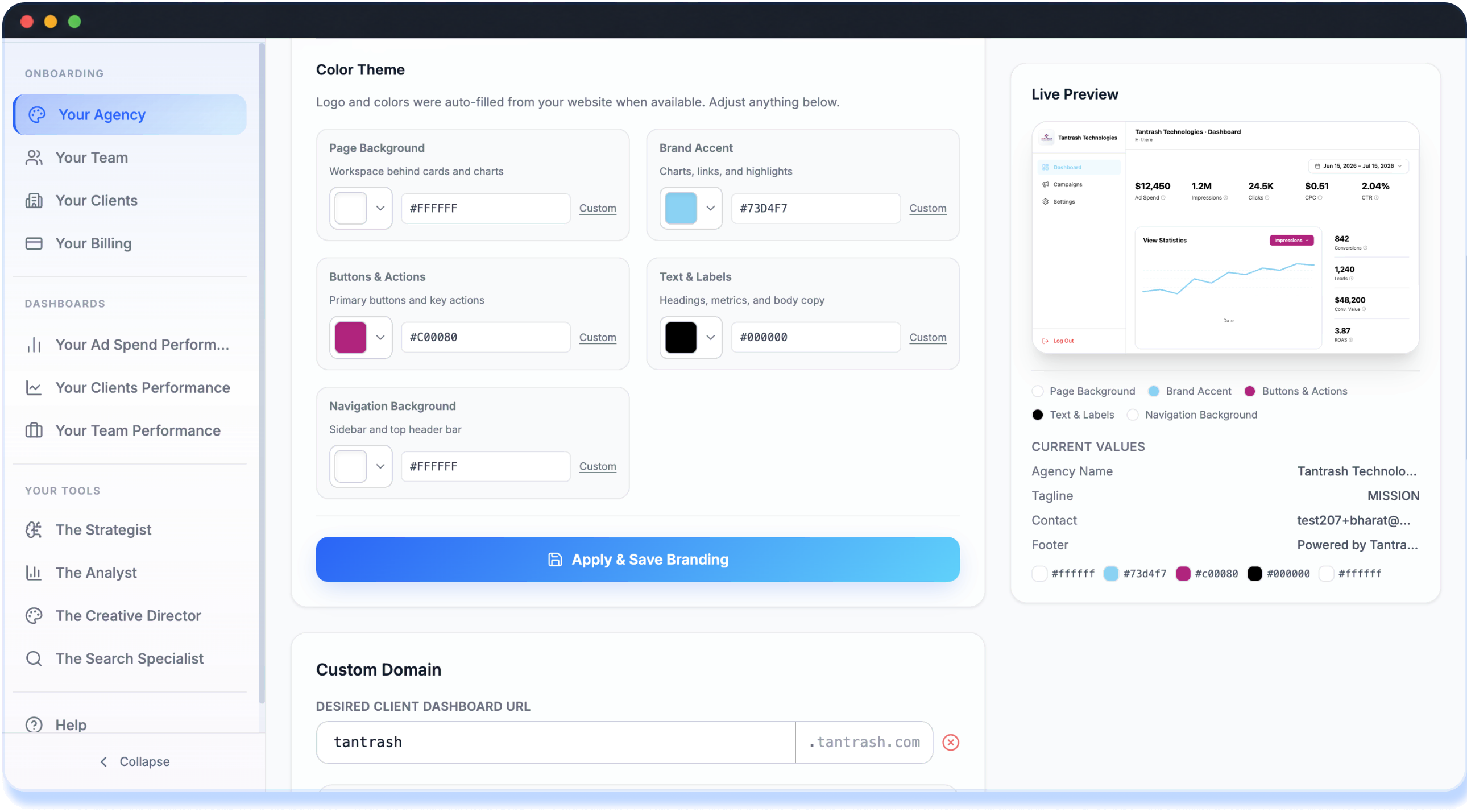 White-label branding settings for franchise dashboards
