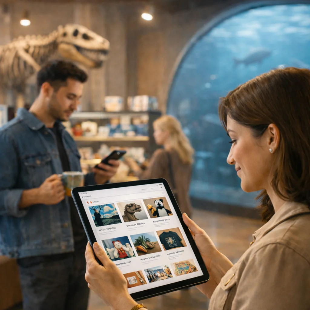 Two shoppers browsing a museum gift shop with a tablet