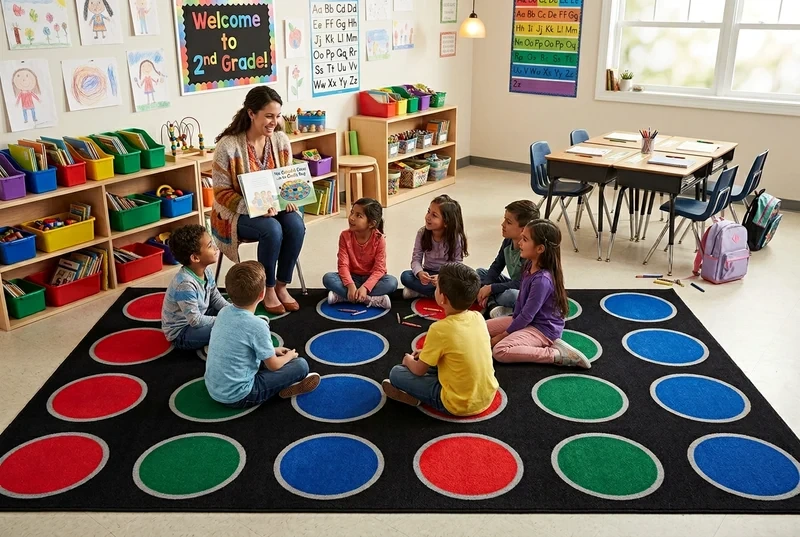 Teacher and children sitting in a circle on a classroom rug